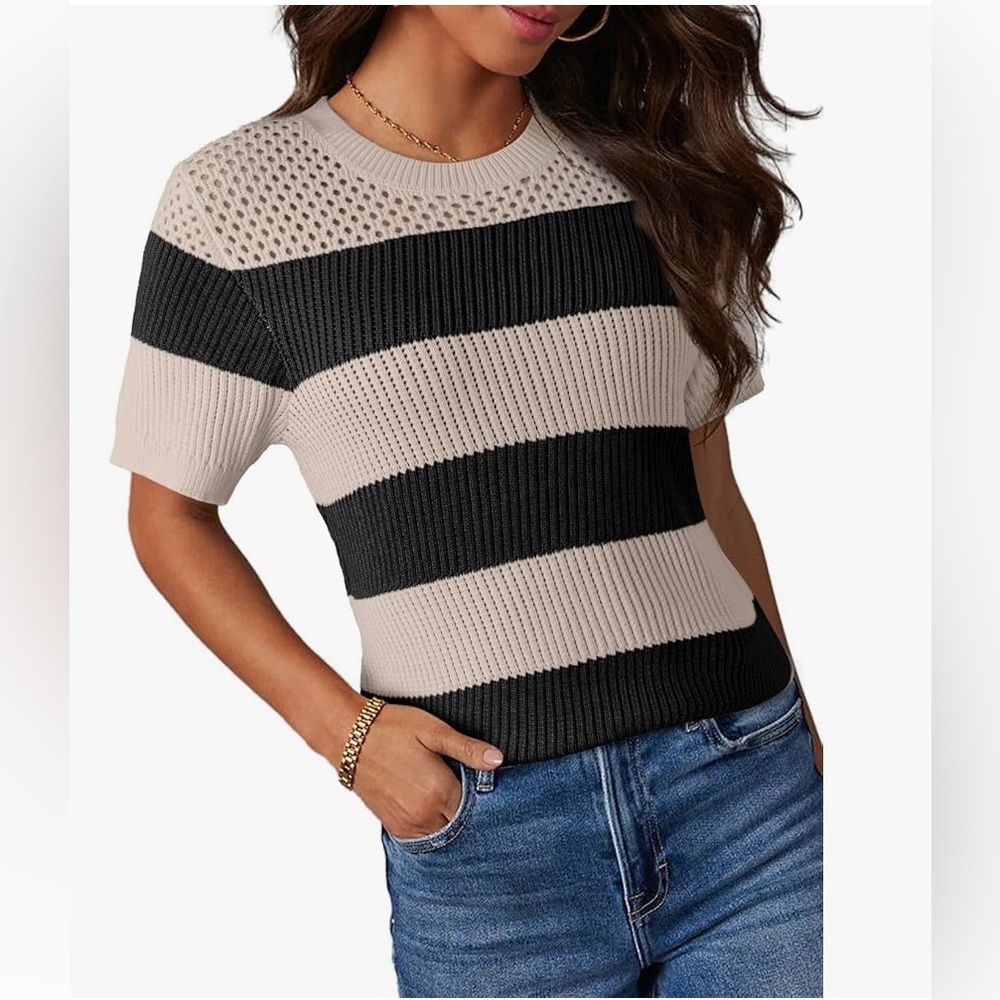 Dokotoo Womens Short Sleeve Crewneck Striped Color Block Knit Pullover Top, 2XL